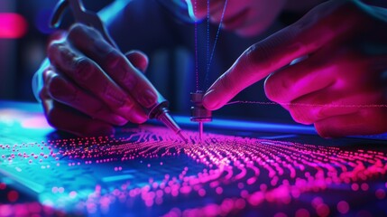 A digital needle threading neon craftsmanship