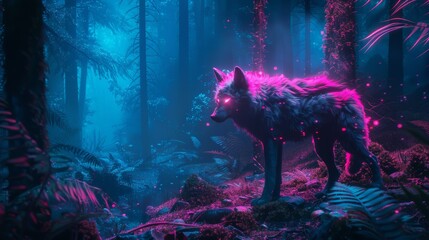 A synthwave adventure featuring a solitary neon wolf - obrazy, fototapety, plakaty