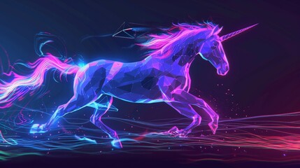 Obraz na płótnie Canvas A synthwave neon unicorn galloping across fields of digital, Illustration