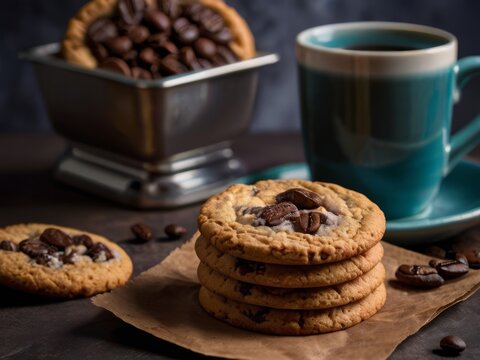 Realistic food photograph oblong cookies, immerse in a mug of coffee