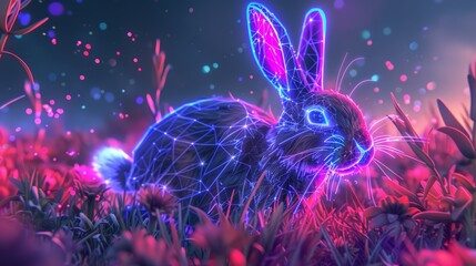 The digital sprint of a neon rabbit through a synthwave meadow, purple theme - obrazy, fototapety, plakaty