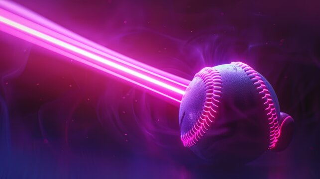 The dynamic swing of a neon baseball bat connecting with baseball ball