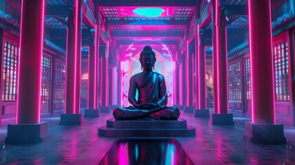 The serene presence of a neon Buddha meditating in Chinese temple - obrazy, fototapety, plakaty