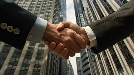 business handshake in front of a building
