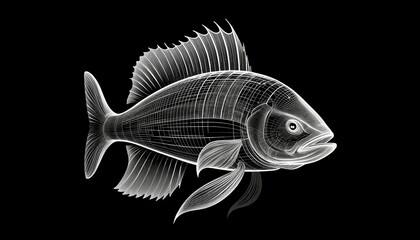 3D wireframe model of a fish, designed with intricate lines and geometric shapes