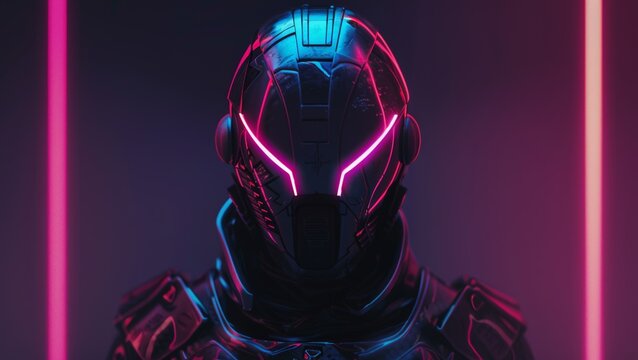 The steadfast gaze of a neon knight in digital armor, robot