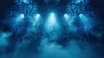 Blue stage lights cutting through smoke at a concert