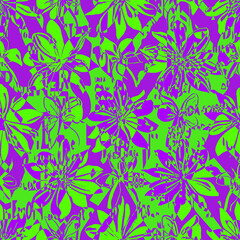 Seamless hand draw flowers and hand writing pattern, colorful monochrome pattern.