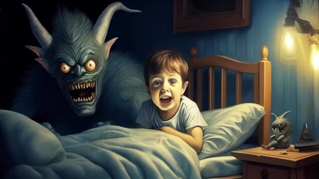 scared boy and scary monster in bed, nightmares in dreams, sleep terrors, Generative AI