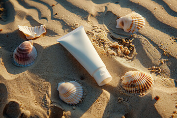 tube of sunscreen and shells on the beach