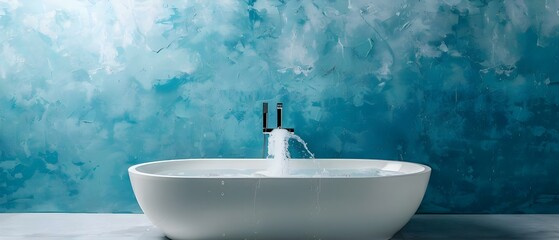 Tranquil Bath Oasis with Flowing Water and Artistic Blue Backdrop. Concept Relaxing bath, Flowing water, Blue backdrop, Artistic, Tranquil oasis