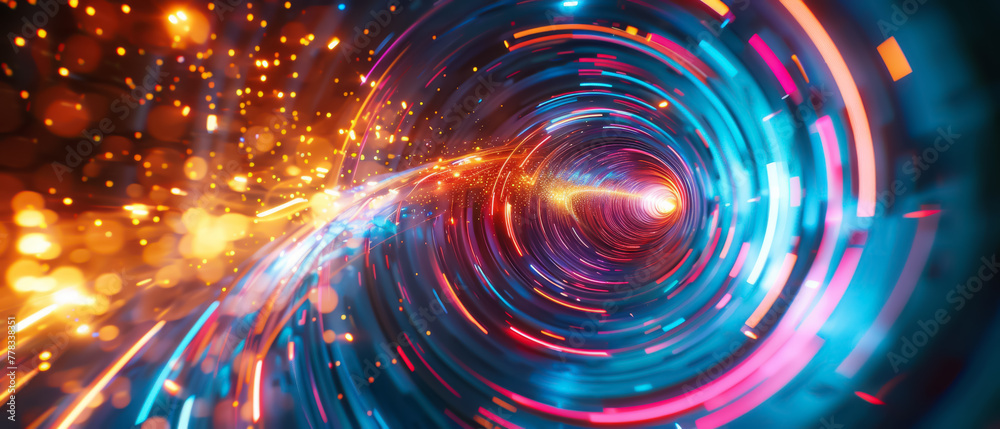 Poster abstract neon light tunnel gives an impression of traveling through a futuristic singularity event h
