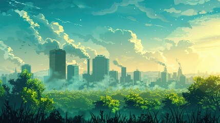 Serene Cityscape with Air Improvement Initiatives Featuring Urban Tree Planting and Emission Reductions in Futuristic Eco Friendly Metropolis