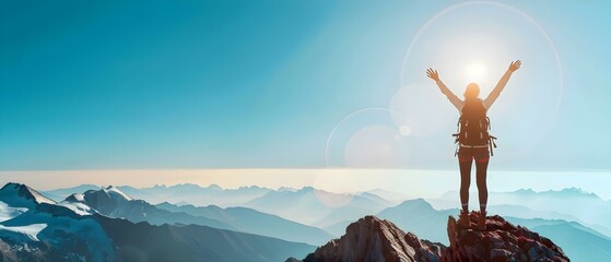 Victorious Ascent: Triumphant Hiker Embraces Sky. Concept Adventure Photography, Hiking Triumph, Nature Exploration, Victory Pose, Blue Sky Inspiration - obrazy, fototapety, plakaty