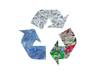 Symbol of waste recycling with Shredded white paper, used plastic bottles and compressed aluminium cans briquettes isolated on white background with clipping path.