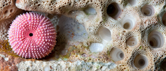 A sea urchin nestled among the textures of a coral reef, capturing the unique biodiversity of the ocean