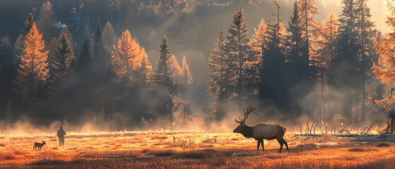 Tranquil scene of elk grazing on a misty meadow at dawn, with forest backdrop - obrazy, fototapety, plakaty