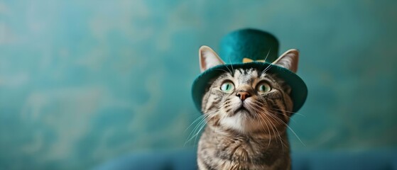 Festive Feline Ready for St. Paddy's Celebration. Concept Cute Cat, St, Patrick's Day, Festive, Celebrate, Green Costume - obrazy, fototapety, plakaty