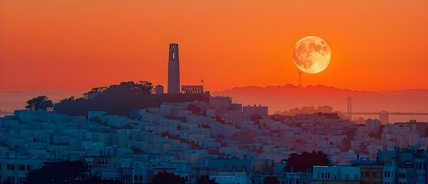 Moonrise Over Telegraph Hill at Dusk. Concept San Francisco Landscapes, Photography, Twilight Views, Urban Exploration