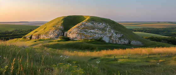 Bronze Age hilltop settlement bathed in golden morning light, offering a panoramic view of ancient history - obrazy, fototapety, plakaty