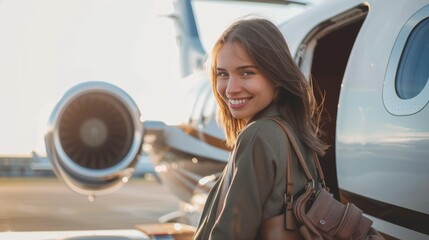 Smiling woman with backpack standing by private jet. Luxury travel and lifestyle concept. Design for travel agency poster, banner with place for text