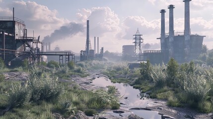 Peaceful post-apocalyptic landscape with abandoned industrial facilities. Calm after the storm concept