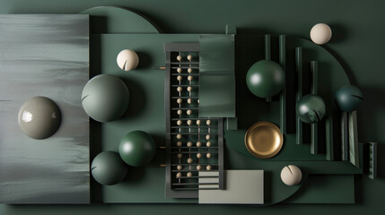 A composition of geometric shapes, featuring an abacus and spheres in dark green and gray tones