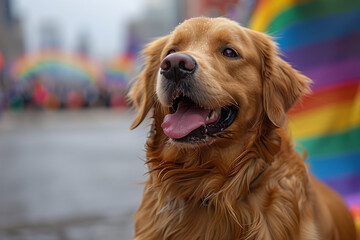 Happy Golden Retriever Dog Celebrating at LGBT Pride Parade Celebration with Rainbow Flags