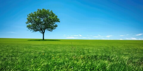 Nature Backgrounds: Lone Tree on a Lush Green Hillside under a Clear Blue Sky