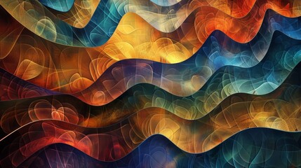 A vibrant abstract painting of electric rainbow waves on a black background, resembling a geological phenomenon. The artwork showcases symmetry, patterns, and the beauty of natural landscapes - obrazy, fototapety, plakaty
