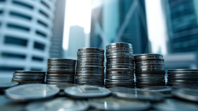 Stacked coins against modern cityscape background. Financial stability and investment strategy concept