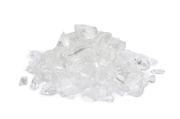 Sodium polyphosphate is presented in the form of transparent crystals in kind resembling salt on white background