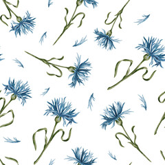 Cornflowers. Seamless floral pattern. Watercolor pattern with cornflowers. Wildflowers. Design for textile, fabric, wrapping, wallpaper and scrapbooking.