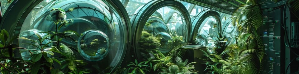 A cosmic botanical garden on a space station, preserving rare extraterrestrial plant species in climate-controlled domes - obrazy, fototapety, plakaty