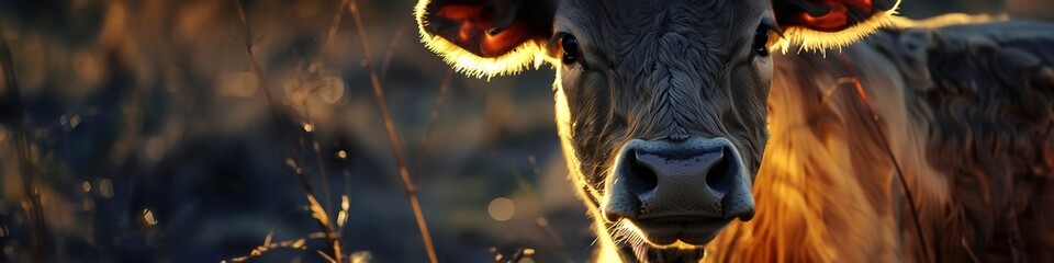 A cow with a neon bell around its neck, chiming melodically in the evening breeze, lighting up the barn area
