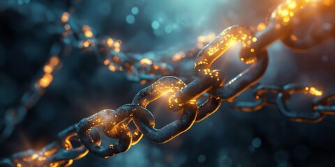 A close-up of illuminated chain links, symbolizing strength and connectivity, on a dark, moody background enhancing the concept of security - obrazy, fototapety, plakaty
