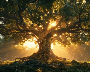 In a mystical forest, a giant tree plays melody through its leaves, enchanting all who listen A young bard discovers the source of the magical music Fantasy, 3D render, Golden hour lighting,