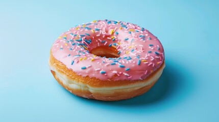 Pink frosted donut with multicolored sprinkles on a blue background