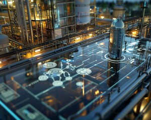 A detailed view of a holographic control system for a chemical processing plant, showcasing advanced interaction in hazardous environments