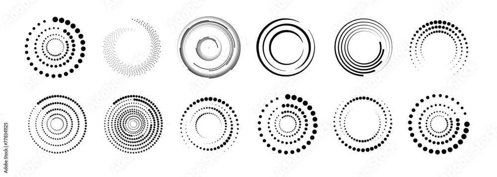 Wall mural halftone circular dotted frames set. set of black thick halftone dotted speed lines. speed lines in 