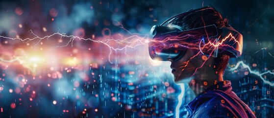 A dynamic scene where virtual reality interfaces merge with IoT networks, lightning strikes in the background symbolize rapid data transfer