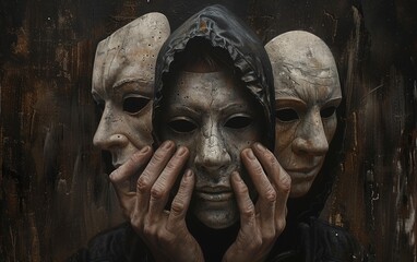 A figure holds multiple masks, exploring the depth of human facades - obrazy, fototapety, plakaty
