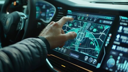 Vehicle concept - man using car panel button touch screen interface, GPS, DVD, vintage colors, using car system control.