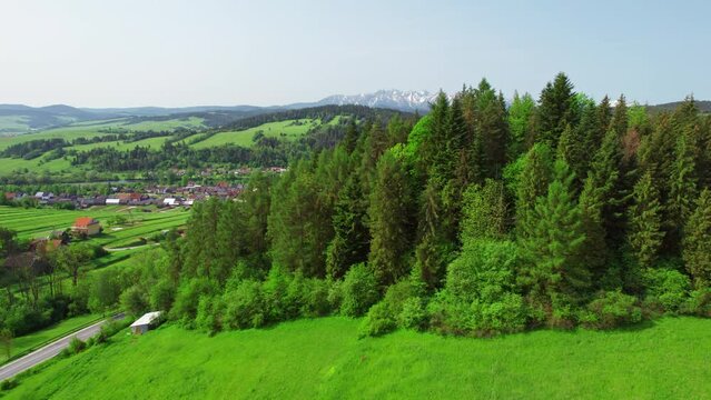Aerial view of the Polish countryside with the Tatra Mountains in Poland