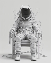 un hombre amarrado a una silla de metal, con un traje blanco con cables en todo el cuerpo y un casco futurista ,minimal