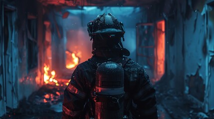 Fototapeta na wymiar Firefighter staring at flames in a burned building
