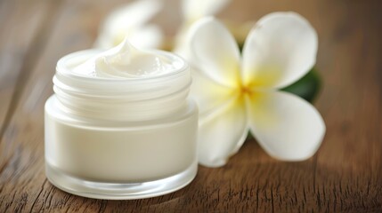Fototapeta na wymiar Jar of moisturizing cream with frangipani flower on a wooden background. Spa and wellness concept