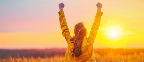 Strong, confident woman holding her arms in the air expressing her success and life goals.