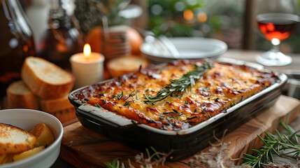Greek Moussaka on Decorated Table for HD Wallpaper with Cinematic Effect - obrazy, fototapety, plakaty
