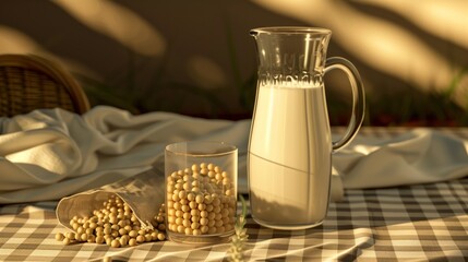 A variety of organic, vegan, non-dairy milk options made from nuts, oats, rice, and soy, presented in glasses on a kitchen table, conveying the concepts of food and drink, healthcare, diet